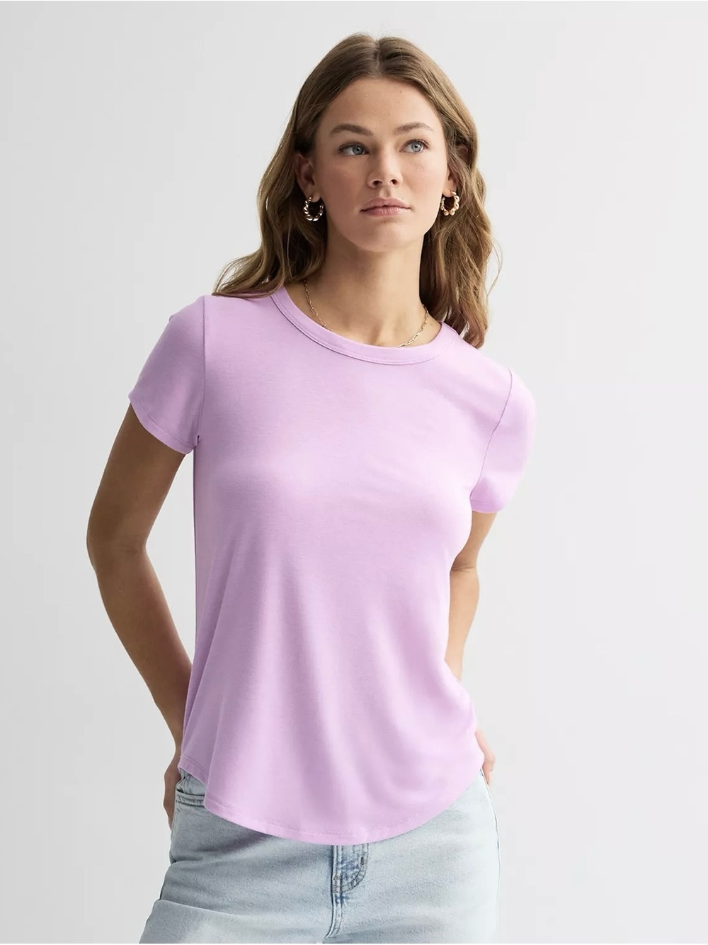 Classic Crewneck Short-Sleeve Top in Light Lavender size XS Everyday Tee Juniors